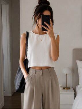 Aritzia Babaton Minimalist Sleeveless Blouse White Japanese Fabric Top Size S